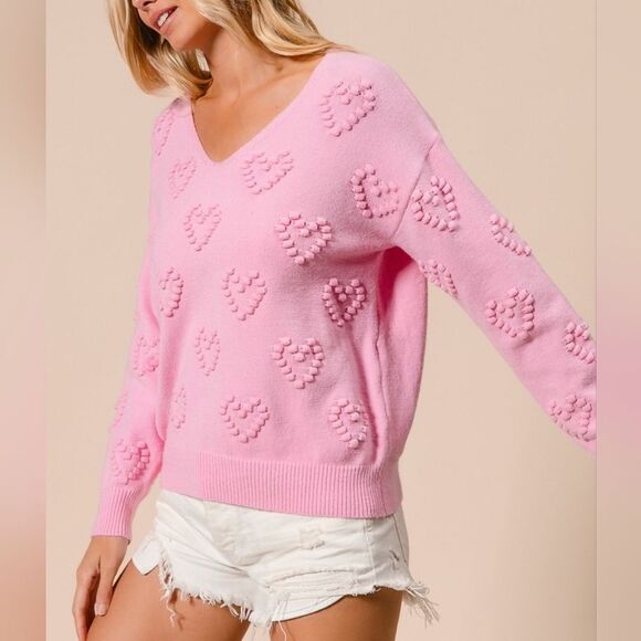 BiBi Pompom V Neck Knit Top Pale Pink Heart Pattern Sweater Sz XL [10-12] - Picture 3 of 15